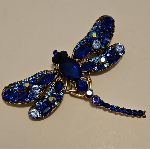 Blue Rhinestone Dragonfly Brooch In Gold Tone Setting - Picture 2 of 3